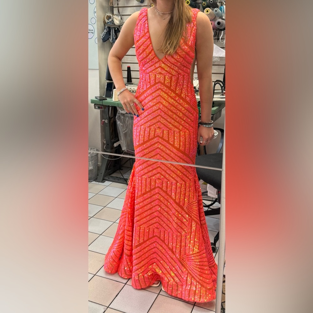 Jovani Orange Sequin V-Neck Prom Gown - Picture 4 of 5